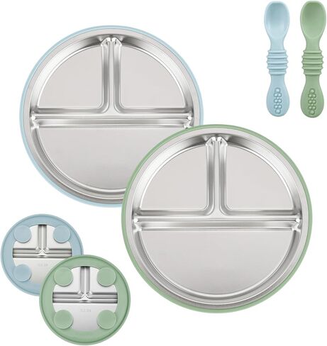 PandaEar 2 Pack Stainless Steel Baby Suction Plates & 2 Pack Spoons, Toddler Utensils Baby Feeding Set, Divided Plates for Baby Led Weaning Supplies, BPA-Free (Blue/Green) in Saudi Arabia