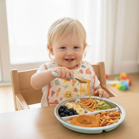 PandaEar 2 Pack Stainless Steel Baby Suction Plates & 2 Pack Spoons, Toddler Utensils Baby Feeding Set, Divided Plates for Baby Led Weaning Supplies, BPA-Free (Blue/Green) in Saudi Arabia