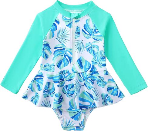 Mioglrie Toddler Girls Swimsuit One Piece Long Sleeve Ruffle Zipper Rash Guard Bathing Suit Swimwear Summer 2-6 Years in Saudi Arabia