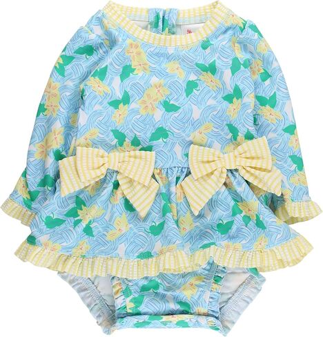 بدلة سباحة RuffleButts للفتيات الصغيرات بعامل حماية من الأشعة فوق البنفسجية 50+ بأكمام طويلة قطعة واحدة مع فيونكة بيبلوم للحماية من الطفح الجلدي in Saudi Arabia