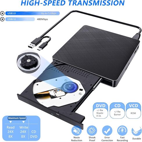 محرك أقراص CD/DVD خارجي للكمبيوتر المحمول (USB 3.0 وUSB-C): ناسخ أقراص مضغوطة 8X DVD/24X - مشغل DVD محمول لأجهزة الكمبيوتر المحمول - توصيل وتشغيل محرك أقراص مضغوطة خارجي للكمبيوتر المكتبي Windows 11 10 8 7 MacOS Linux in Kuwait