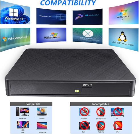 محرك أقراص CD/DVD خارجي للكمبيوتر المحمول (USB 3.0 وUSB-C): ناسخ أقراص مضغوطة 8X DVD/24X - مشغل DVD محمول لأجهزة الكمبيوتر المحمول - توصيل وتشغيل محرك أقراص مضغوطة خارجي للكمبيوتر المكتبي Windows 11 10 8 7 MacOS Linux in Kuwait