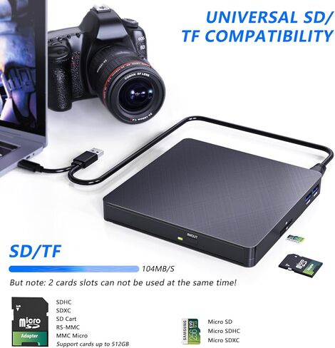 محرك أقراص CD/DVD خارجي للكمبيوتر المحمول (USB 3.0 وUSB-C): ناسخ أقراص مضغوطة 8X DVD/24X - مشغل DVD محمول لأجهزة الكمبيوتر المحمول - توصيل وتشغيل محرك أقراص مضغوطة خارجي للكمبيوتر المكتبي Windows 11 10 8 7 MacOS Linux in Kuwait