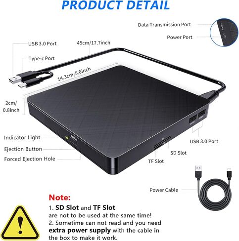 محرك أقراص CD/DVD خارجي للكمبيوتر المحمول (USB 3.0 وUSB-C): ناسخ أقراص مضغوطة 8X DVD/24X - مشغل DVD محمول لأجهزة الكمبيوتر المحمول - توصيل وتشغيل محرك أقراص مضغوطة خارجي للكمبيوتر المكتبي Windows 11 10 8 7 MacOS Linux in Kuwait