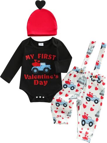 My First Valentines Day Baby Boy Outfit Newborn Letter Print Long Sleeve Romper Suspender Pants Hat 3Pcs Clothes Set in Saudi Arabia