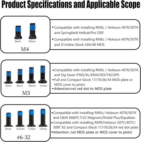 مجموعة براغي ذات نقطة حمراء مع مفتاح تركيب تتضمن #6-32 M3 M4، متوافقة مع RMR/RMSc/Holosun 407k/ 507k، فولاذ كربوني بدرجة 12.9، أكسدة سوداء معالجة بمادة لاصقة زرقاء مضادة للارتخاء in Kuwait