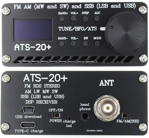 ATS-20+ SI4732 جهاز استقبال راديو محمول مكون من مجموعتين - ماسح ضوئي FM AM SSB على الموجات القصيرة، طاقة 3.6 فولت، شحن USB، 88 × 88 × 38 مم، هوائي BNC، صوت 3.5 مم، أسود in Kuwait