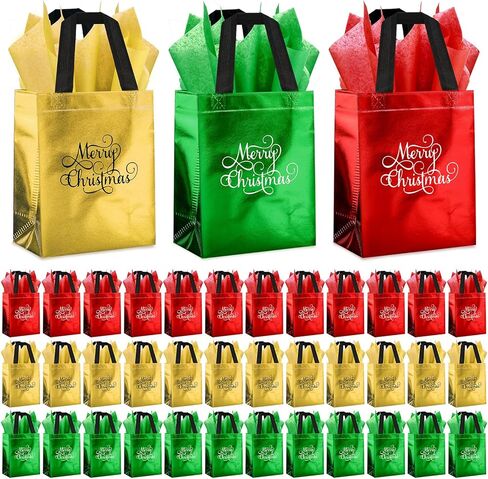 Cholemy 30 Pcs Christmas Gift Bags Medium Size with Tissue Paper Reusable Non-Woven Red Gold Green Metallic Tote Gift Bags with Handle for holiday Xmas Party Favors, 8 x 10 x 4 Inch (Awesome) in Saudi Arabia