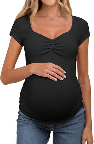Tankaneo Womens V Neck Maternity Tops Cap Sleeve Fitted Breastfeeding T Shirts Summer Pleated Pregnancy Clothes in Saudi Arabia