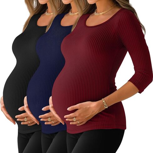 Neer 3 Pack Women's 3/4 Sleeve Maternity Shirts Ribbed Pregnancy Work Tops Quarter Sleeve Round Neck Maternity Clothes in Saudi Arabia