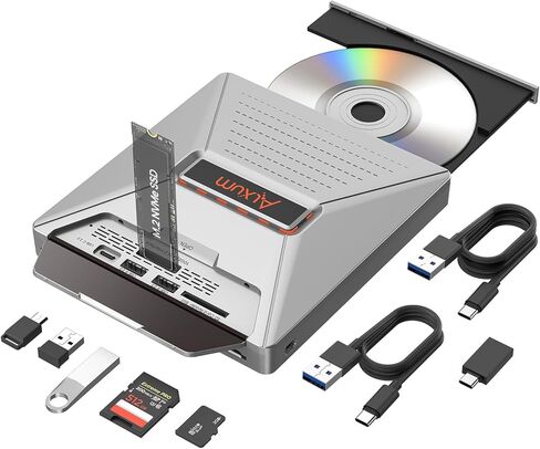 محرك أقراص DVD خارجي من Alxum لأجهزة الكمبيوتر المحمول، مشغل أقراص مضغوطة محمول 7 في 1، ناسخ أقراص DVD مع واجهة M.2 NVMe/USB 2.0 وفتحة بطاقة SD/Micro SD، محرك أقراص ضوئي فائق النحافة لنظام التشغيل Windows/Mac OS/Linux/Vista in Kuwait