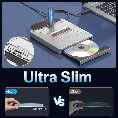 محرك أقراص DVD خارجي من Alxum لأجهزة الكمبيوتر المحمول، مشغل أقراص مضغوطة محمول 7 في 1، ناسخ أقراص DVD مع واجهة M.2 NVMe/USB 2.0 وفتحة بطاقة SD/Micro SD، محرك أقراص ضوئي فائق النحافة لنظام التشغيل Windows/Mac OS/Linux/Vista in Kuwait