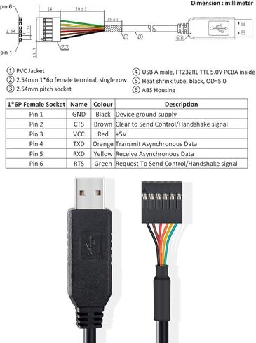 كابل محول DTECH USB إلى TTL Serial 5V مع شريحة FTDI FT232RL 6 دبوس 0.1 بوصة رأس مقبس أنثى UART IC Windows 11 10 8 7 Linux MAC OS (6 أقدام، أسود) in Kuwait