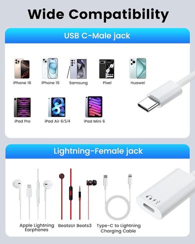 محول USB C إلى Lightning للصوت والشحن، محول من النوع C إلى iPhone لسماعات الأذن ونقل البيانات، محول Lightning إلى USBC متوافق مع iPhone 17/16/Pro/Max، iPad Pro/Air، MacBook، iMac in Saudi Arabia