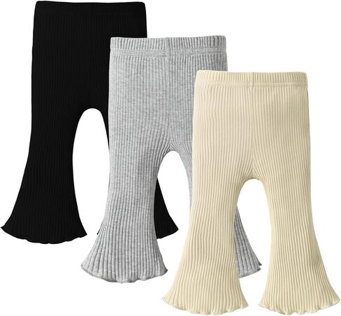 DREAM BUS 3 Pack Baby Girl Pants Toddler Leggings Solid Ribbed Cotton Baby Girls Flare Pants Toddler Bell Bottoms in Saudi Arabia