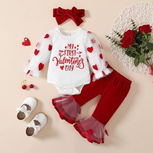 BHMAWSRT Baby Girl Clothes My First Valentines Heart LongSLeeve Romper Flare Pants Newborn Girl Outfits in Saudi Arabia