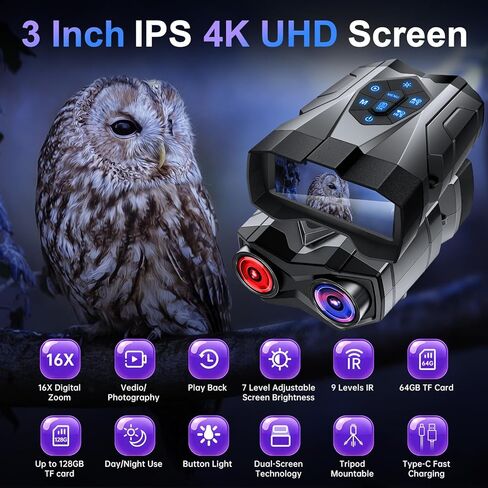 Night Vision Goggles, 4K Night Vision Binoculars for Adults with 5000mAh Battery, Upgraded 16X Zoom 9X Infrared Binoculars with 64GB Card for Photo & Video,Ideal for Camping Wildlife Observation in Saudi Arabia
