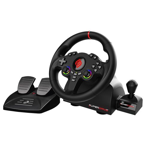 SUBSONIC - عجلة القيادة Superdrive 220 RS-X - عجلة سباق LED مزدوجة عصا التحكم مع ناقل الحركة، دوران 180 درجة، دواسات ومبدلات مجداف. لجهاز سويتش 2 / سويتش وبلاي ستيشن 4 والكمبيوتر الشخصي وإكس بوكس ​​- أسود in Kuwait