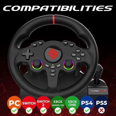 SUBSONIC - عجلة القيادة Superdrive 220 RS-X - عجلة سباق LED مزدوجة عصا التحكم مع ناقل الحركة، دوران 180 درجة، دواسات ومبدلات مجداف. لجهاز سويتش 2 / سويتش وبلاي ستيشن 4 والكمبيوتر الشخصي وإكس بوكس ​​- أسود in Kuwait