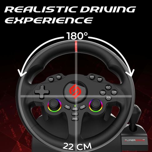SUBSONIC - عجلة القيادة Superdrive 220 RS-X - عجلة سباق LED مزدوجة عصا التحكم مع ناقل الحركة، دوران 180 درجة، دواسات ومبدلات مجداف. لجهاز سويتش 2 / سويتش وبلاي ستيشن 4 والكمبيوتر الشخصي وإكس بوكس ​​- أسود in Kuwait