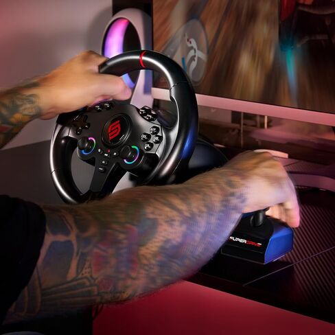 SUBSONIC - عجلة القيادة Superdrive 220 RS-X - عجلة سباق LED مزدوجة عصا التحكم مع ناقل الحركة، دوران 180 درجة، دواسات ومبدلات مجداف. لجهاز سويتش 2 / سويتش وبلاي ستيشن 4 والكمبيوتر الشخصي وإكس بوكس ​​- أسود in Kuwait