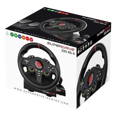 SUBSONIC - عجلة القيادة Superdrive 220 RS-X - عجلة سباق LED مزدوجة عصا التحكم مع ناقل الحركة، دوران 180 درجة، دواسات ومبدلات مجداف. لجهاز سويتش 2 / سويتش وبلاي ستيشن 4 والكمبيوتر الشخصي وإكس بوكس ​​- أسود in Kuwait