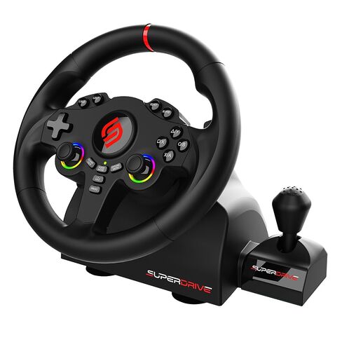 SUBSONIC - عجلة القيادة Superdrive 220 RS-X - عجلة سباق LED مزدوجة عصا التحكم مع ناقل الحركة، دوران 180 درجة، دواسات ومبدلات مجداف. لجهاز سويتش 2 / سويتش وبلاي ستيشن 4 والكمبيوتر الشخصي وإكس بوكس ​​- أسود in Kuwait