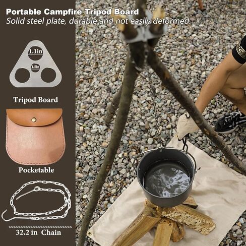 Camping Tripod Board Turn Branches into Campfire Tripod, Stainless Steel Campfire Support Plate with Adjustable Chain for Outdoor Cooking Hanging Grill Cookware, Grill Net&3 Points Chain Set in Saudi Arabia