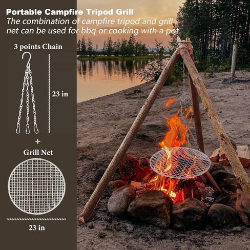 Camping Tripod Board Turn Branches into Campfire Tripod, Stainless Steel Campfire Support Plate with Adjustable Chain for Outdoor Cooking Hanging Grill Cookware, Grill Net&3 Points Chain Set in Saudi Arabia