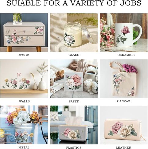 Joeyan Floral Rub On Transfers for Furniture and Crafts, 2 Large Watercolor Peony Design Sheets 12''x18'', DIY Home Decal on Wood Glass Metal Canvas Porcelain Paper Plastic, Romantic Rose Manor in Saudi Arabia
