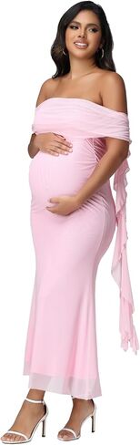 JustVH Maternity Mesh Off Shoulder Party Long Gown Floating Ruffle Trim Drape Sleeves Baby Shower Dress for Photoshoot in Saudi Arabia