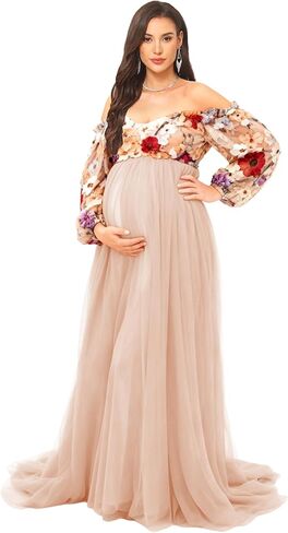 فستان حمل من التول لالتقاط الصور بدون أكتاف فستان حمل بأكمام طويلة مع تطريز زهور in Kuwait