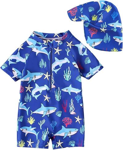 بدلة سباحة WYTbaby Baby Rash Guard للأولاد والبنات مع قبعة شمس للرضع بأكمام قصيرة وسحاب قطعة واحدة ملابس سباحة للأطفال الصغار in Kuwait