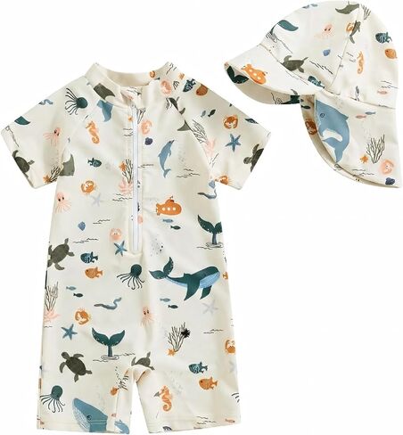 بدلة سباحة WYTbaby Baby Rash Guard للأولاد والبنات مع قبعة شمس للرضع بأكمام قصيرة وسحاب قطعة واحدة ملابس سباحة للأطفال الصغار in Kuwait