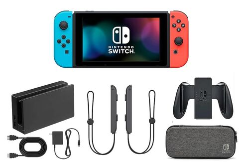 حزمة وحدة تحكم Nintendo Switch - وحدات التحكم Joy-Cons باللونين الأزرق والأحمر النيون، وقاعدة إرساء، ومقبض وحدة التحكم، وحقيبة الحمل، والكابلات والملحقات (متجددة) in Kuwait