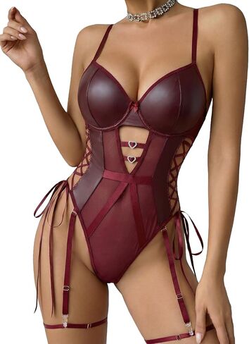 Avidlove Sexy Lingerie for Women Leather Teddy Lingerie Mesh Bodysuit Garter Belt Set S-XXL(No leg ring) in Saudi Arabia