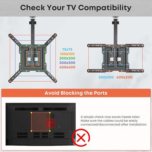 PUTORSEN Flip Down TV Mount, Manual Folding Ceiling TV Mount for Most 23'' to 55'' TVs, Height Adjustable Drop Down TV Mount for Flat & Pitched Roof, Swivel, Max Load 44lbs, Max VESA 400x400, Black in Saudi Arabia