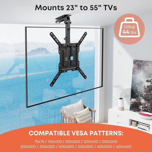 PUTORSEN Flip Down TV Mount, Manual Folding Ceiling TV Mount for Most 23'' to 55'' TVs, Height Adjustable Drop Down TV Mount for Flat & Pitched Roof, Swivel, Max Load 44lbs, Max VESA 400x400, Black in Saudi Arabia
