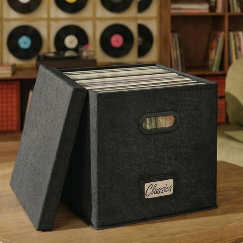 ZICOTO Decorative Vinyl Record Storage Box for 50+ Single Records - Sturdy and Easy to Carry LP Holder with Lid - The Perfect Storage Crate for Your Valuable Album Collection in Saudi Arabia