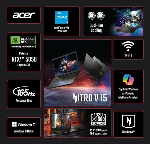 كمبيوتر محمول للألعاب acer Nitro V 15.6 بوصة FHD IPS 165 هرتز، Intel Core i5-13420H، NVIDIA GeForce RTX 5050 مع 8 جيجابايت GDDR7 VRAM، Win11H، مع لوحة ماوس (16 جيجابايت RAM، 512 جيجابايت PCIe SSD) in Kuwait