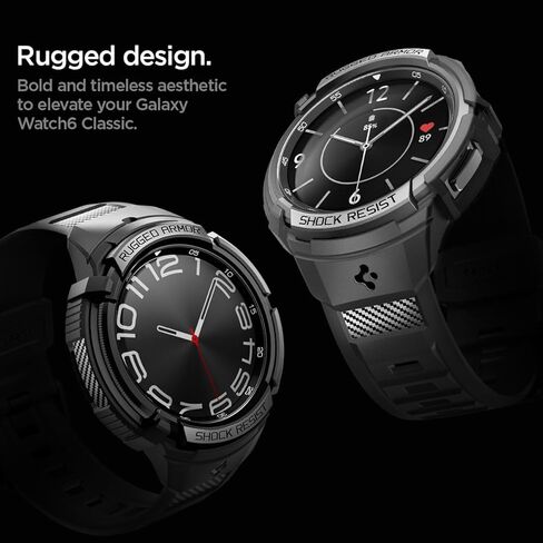 Spigen Rugged Armor Pro مصمم لساعة سامسونج جالاكسي 6 الكلاسيكية 43 ملم مع غطاء حماية من مادة TPU مع حزام (2023) - أسود in Saudi Arabia