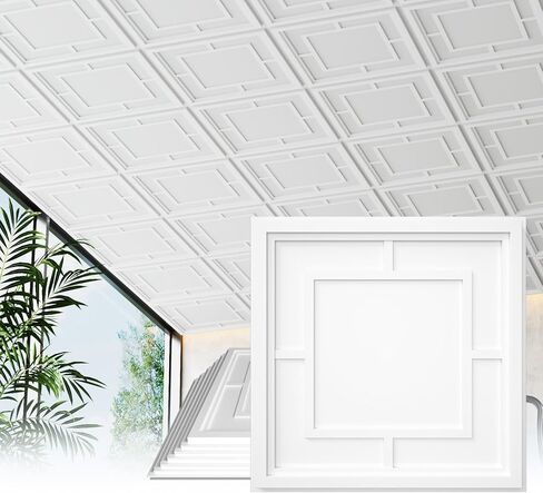 24 PCS 2ft × 2 قدم البلاط السقف ، لوحة سقف PVC بيضاء ، مقاومة للماء ، قابلة للغسل وقابلة لإعادة الاستخدام - قابلة لإعادة الاستخدام - عالية الجودة لمنع الكسر (96 قدم مربع/صندوق) in Kuwait