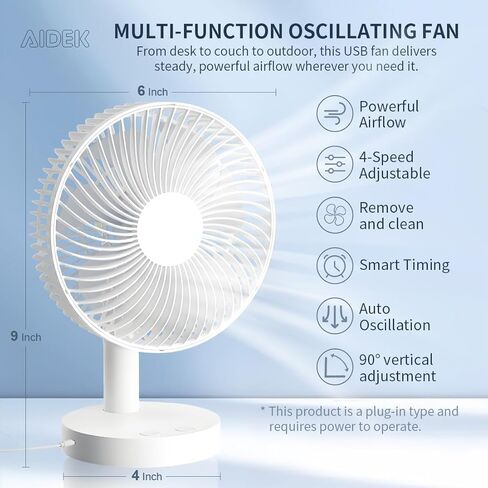 Aidek Oscillating Table Fan for Home & Office | Quiet Mini Fan with 4 Speed Modes & Timer | Portable Desk Fan with Strong Airflow, 90° Tilt, Easy to Clean – White in Saudi Arabia
