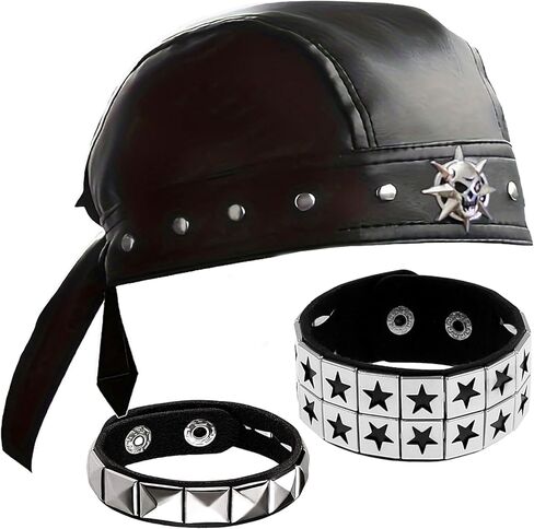 Punk Doo Rags - Leather Skull Cap Biker Bandana, Black Studded Do Rag with Punk Design with 2 Necklaces in Saudi Arabia