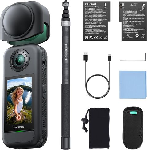 AKASO 360 Weatherproof 360 Action Camera - 5.7K 360 Video with 1/2" 48MP Sensors, 72MP 360 Photo, 360-SuperSmooth, Invisible Selfie Stick, 360° Horizon Lock, AI Tracking with 256GB MicroSD Card in Kuwait
