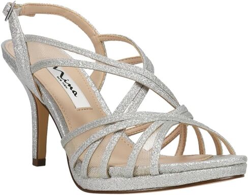 صنادل فستان السهرة النسائية من Nina Bess Glitter Strappy وكعب عالٍ 3 بوصات فما فوق - فضي in Kuwait