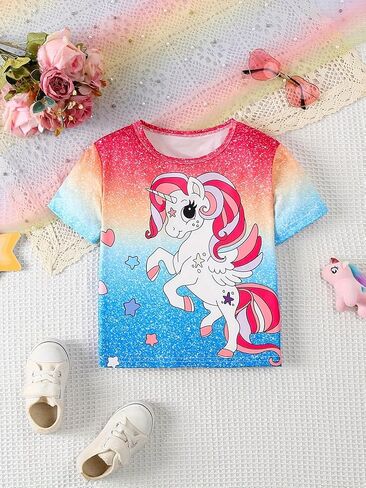 Toddler Girls T-Shirt Printed Short Sleeve Tee Colorful Glitter Top in Saudi Arabia