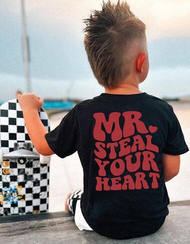 تي شيرتات للأطفال الصغار لعيد الحب للأولاد الصغار، تي شيرت مطبوع عليه Mr. Steal Your Heart، ملابس أطفال مزدوجة الجانب in Kuwait