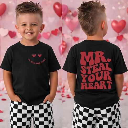 تي شيرتات للأطفال الصغار لعيد الحب للأولاد الصغار، تي شيرت مطبوع عليه Mr. Steal Your Heart، ملابس أطفال مزدوجة الجانب in Kuwait
