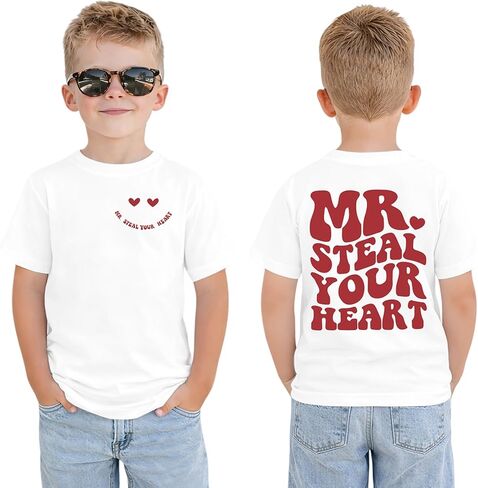 تي شيرتات للأطفال الصغار لعيد الحب للأولاد الصغار، تي شيرت مطبوع عليه Mr. Steal Your Heart، ملابس أطفال مزدوجة الجانب in Kuwait